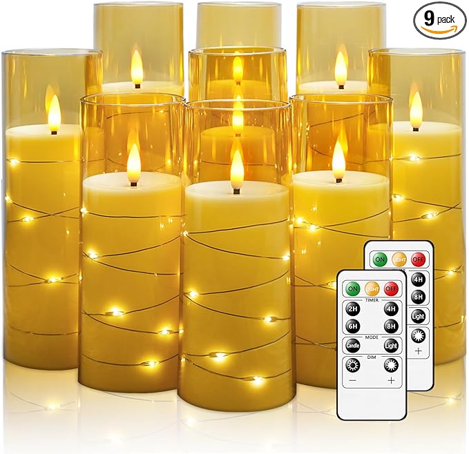 Flickering Flameless LED Candles,Battery Operated Candles 9 Pcs with Embedded Star String,Acrylic LED Pillar Candles with Remote,Suitable for Home Decoration to Create an Atmosphere（Gold）