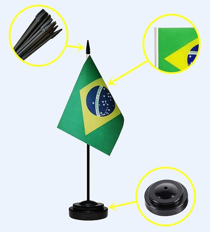 Brazil Brazilian Deluxe Desk Flag Set, Small Mini Miniature Brazil Brazilian Table Desktop Flags With Solid Pole, Black Base and Spear Top(2 Pack)