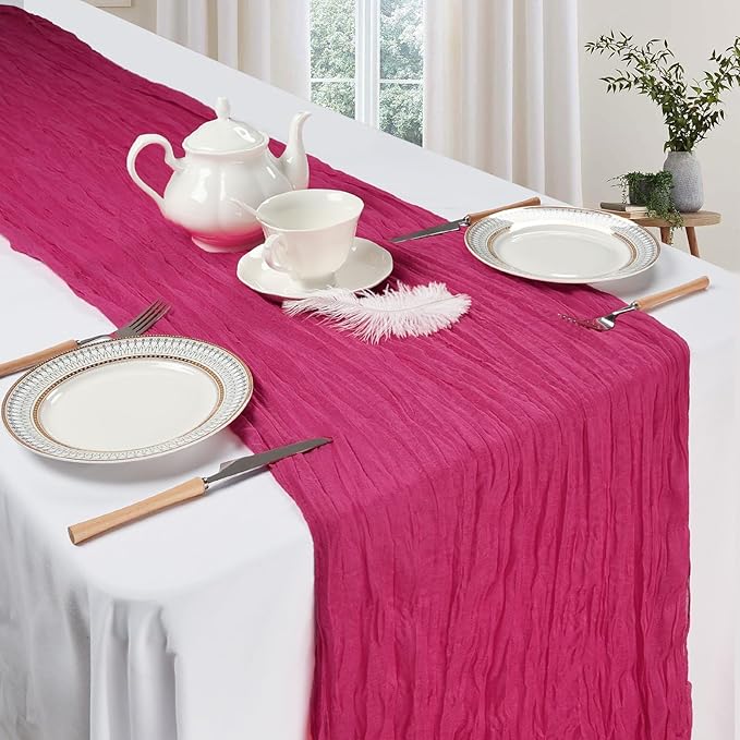 12 Pack Hot Pink Cheesecloth Table Runner 10ft Boho Gauze Fabric Cheese Cloth Table Runner 35 x 120 Inch Rustic Sheer Runner for Romantic Wedding Decor Baby Shower Party Table Centerpiece Decoration