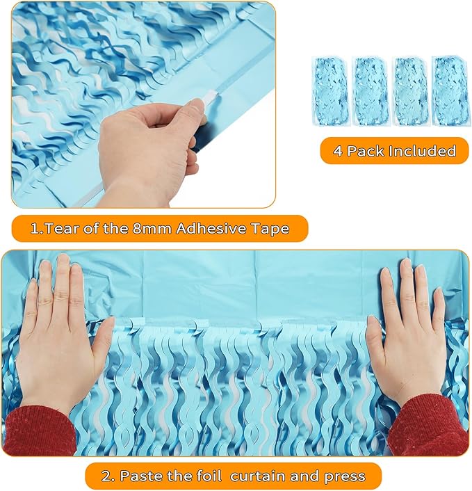 4 Pack Wavy Blue Foil Fringe Curtain 3.3x6.6 Feet | Blue Streamers Tinsel Backdrop for Under The Sea Party Decorations | Ocean Backdrop | Mermaid Birthday Decorations