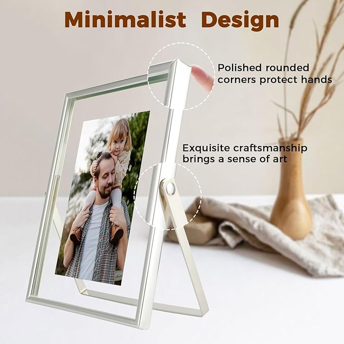 Silver Floating Frame (5"x7", Vertical), For Picture 4x6, 3.5x5, 2x3, Small Desktop Photo Frame, Classy Gift For Festival, Wedding, Home or Office Décor