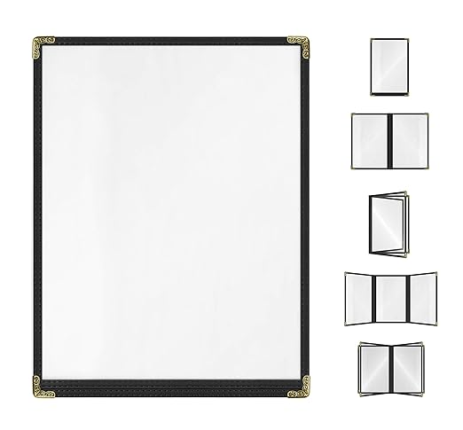 Goodsmart Restaurant Menu Covers – 25 Pack Black 2-View, Top-Loading Menu Holders, Vinyl & Plastic Café Menu Covers, Clear Menu Sleeves, Fits 8.5" x 11", Leather-Style Design, Gold Corners