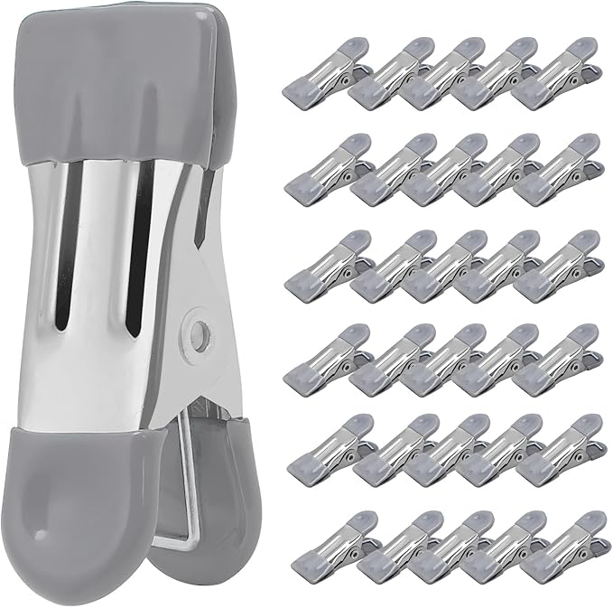 Clothes Pins Heavy Duty 30 Pack - 2.17 Inch Metal Chip Clips, Clothespins for Photo Drying Clothesline Laundry Sock, Bag Clips for Food Kitchen Stainless Steel with Rubber, Gray