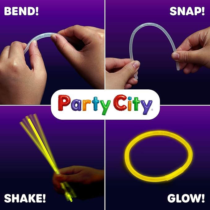 Party City 300 Glow Sticks Bulk Party Pack 8”– Neon Glow in the Dark Party Supplies, Glowsticks with Connectors Bracelets & Necklaces, Light Up Favors for Kids, Adults, Birthdays, Parties, Decorations