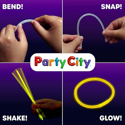 Party City 200 Glow Sticks Bulk Party Pack 8”– Neon Glow in the Dark Party Supplies, Glowsticks with Connectors Bracelets & Necklaces, Light Up Favors for Kids, Adults, Birthdays, Parties, Decorations