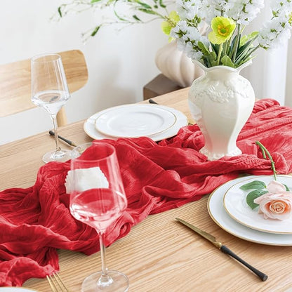 Asee'm 2PCS Fall Table Runner Cheesecloth 10FT Red Boho Gauze Fabric Rustic Sheer Cheese Cloth Runners for Thanksgiving Christmas Wedding Bridal Shower Party