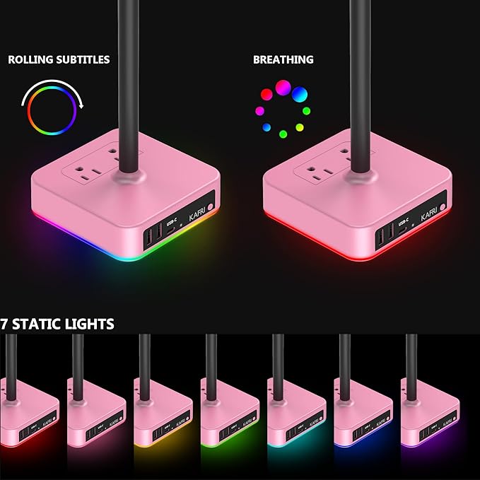 KAFRI RGB Headphone Stand with USB Charger Desk Gaming Headset Holder Hanger Rack with 3 USB Charging Port and 2 Outlet - Suitable for Gamer Desktop Table Game Earphone Accessories Girlfriend Gift
