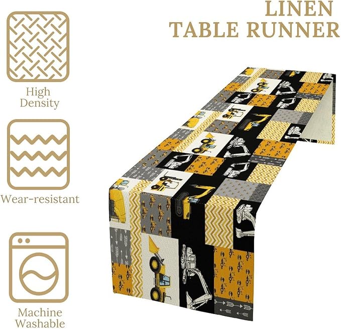 Excavator Table Runner,Boys Kids Construction Vehicles Equipment Trucks Cartoon Car Tablecloth Burlap for Hotel Indoors Outdoor Dining Room Kitchen Holiday Party, 13x70in