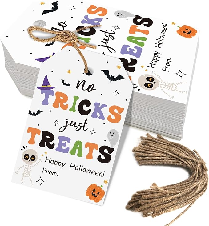 Aukolass 50pcs Trick Or Treat Favor Tags, Happy Halloween Day Gift Tags and Gift Wrapping Decoration(Treats)