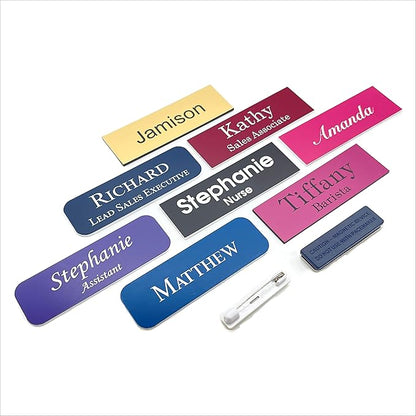 Custom Engraved Name Badges with Pin or Magnet Backing, 1" x 3" - Personalized Acrylic Name Tag with 15 Font Options and 21 Color Options - 1 Tag