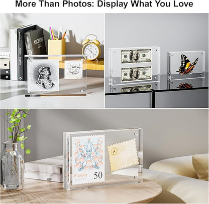 2 Pack 5x7 Acrylic Picture Frames - 20% Thicker Double Sided Magnetic Frame with UV Protection - Freestanding Clear Frameless Display for Tabletops - Modern Photo Frame Set for Home & Office Decor