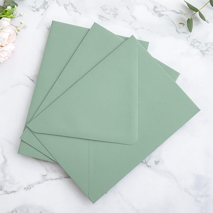 PONATIA 50PCS A7 Euro Flap Envelope, 5.25 x 7.25'' Sage Green Flowers Liner Envelopes for Wedding Invitations, Photos, Postcards, Greeting Cards, Christmas Gift, Acrylic Mailing