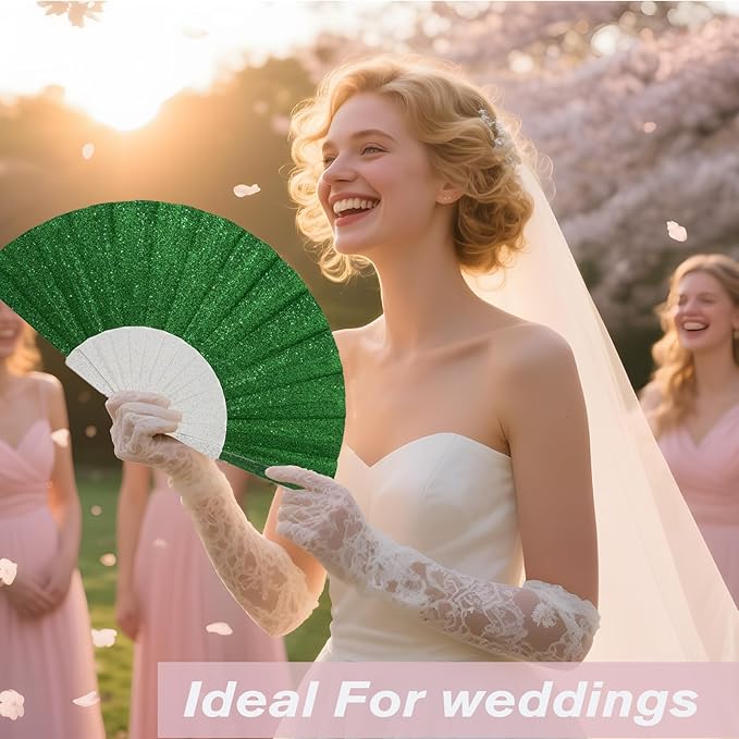 12 Pack Handheld Fan,Folding Hand Glitter fan with Shining Transparent Fan Rib – Ideal for Wedding, Church, Festival, Dance, Tea Party, Club, and EDM Accessories, Light green
