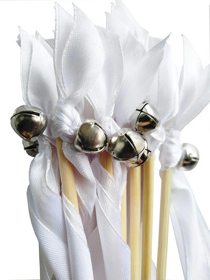 50PCS Ribbon Wands with Triple Ribbon and Silver Bell Party Wand Party Favors Streamers Ribbon Sticks Magic Fairy Wands for Wedding Decors
