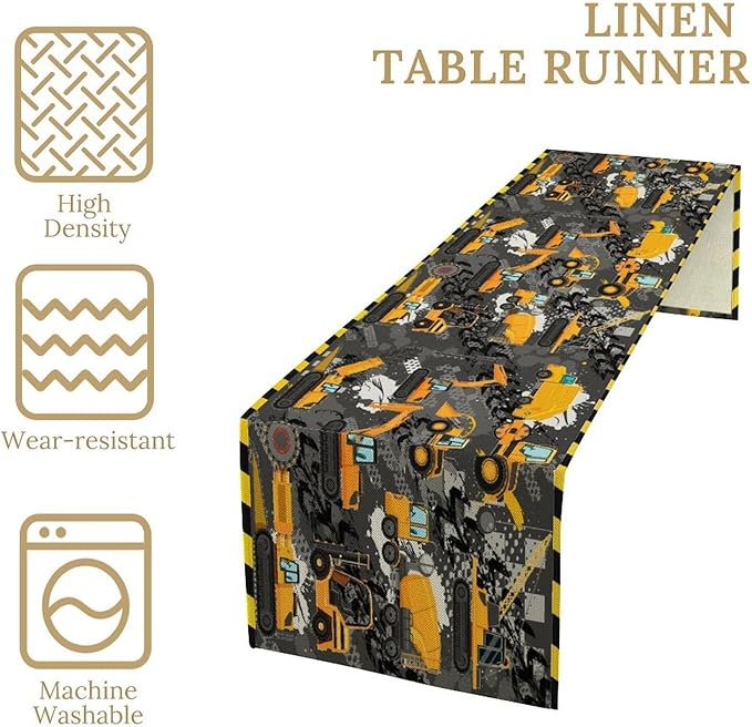 Cartoon Car Table Runner,Boy Kids Construction Yellow Tractor Excavator Tablecloth Burlap for Hotel Indoors Outdoor Dining Room Kitchen Home Decor,W13X L36 in