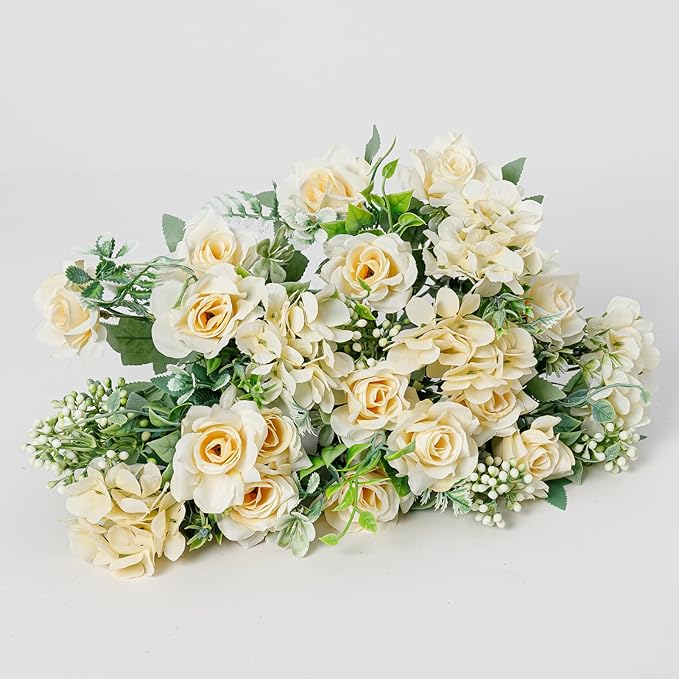 Artificial Flower 5 Branches Artificial Silk Fake Flowers Bouquet Small Roses for Wedding Home Office Tables Decor 4 Packs(Champagne)