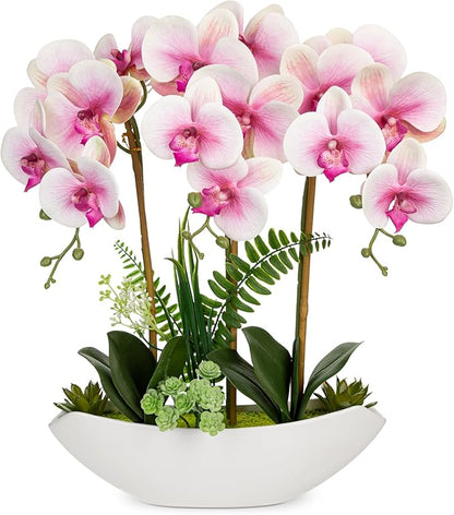 Briful Pink Orchid Artificial Flowers 18in Fake Orchid Silk Flowers with Ceramic Pot Faux Orchid Arrangement for Home Office Room Table Shelf Modern Decoration