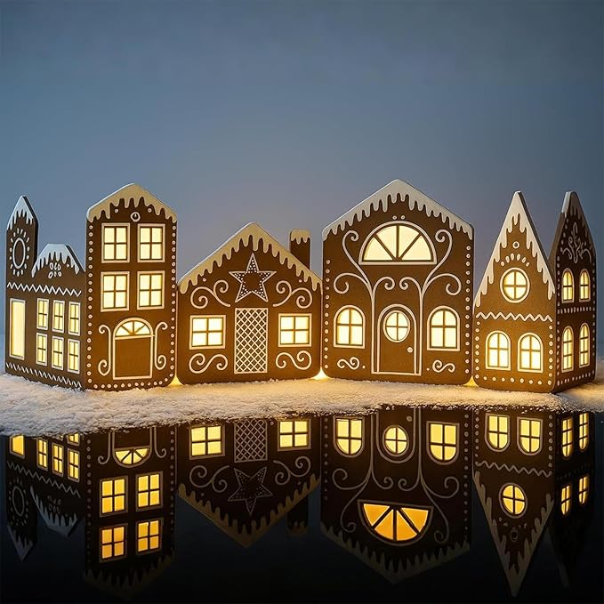 Christmas Gingerbread Village Light-Up Decor, House Cardboard Kit with LED Lights, Foldable House Village Centerpieces Christmas Decorations, Holiday Home Tabletop Decor