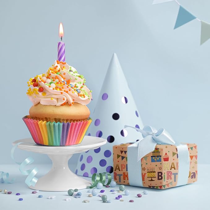 Aimyoo Colorful Birthday Wrapping Paper Roll - 17 Inch X 32.8 Feet - Gold Foil Happy Birthday Lettering, Cupcake & Flags Design Gift Wrap for Kids, Baby Showers