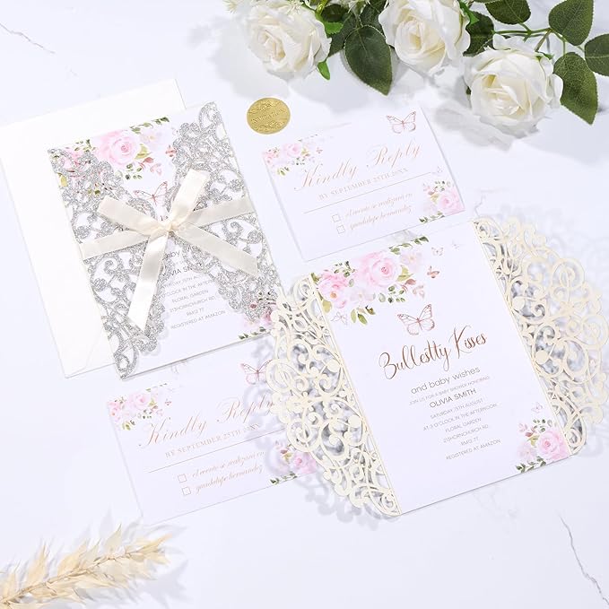 50Pcs Sliver Glitter Wedding Invitations with Envelopes and Rsvp Cards Ribbons Laser Cut Invitation Blank Inner Sheet Pearl Paper Tarjetas de Invitación Para Boda XV Anos Quinceañera Wedding Invite