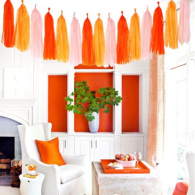 Pink-Orange Groovy Party-Decorations Tassel-Garland - 15pcs Fall Autumn Thanksgiving Harvest Tassels, Birthday Baby Bridal Shower Engagement Wedding Decor Panduola