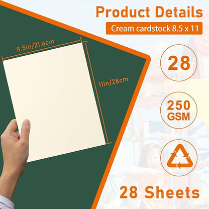 28 Sheets Cream Cardstock 8.5 x 11 Ivory Paper, 250gsm/92lb Premium Off White Paper Card Stock for Wedding Invitations, School Crafting, Memus, DIY Card Making, Graduations, Business Cards