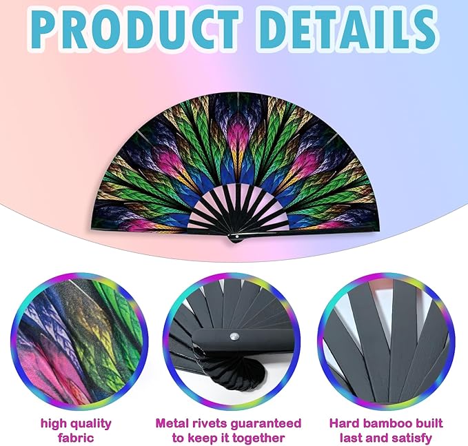 Rave Fan, Large Folding Hand Fan for Women and Men, Popping Fans for Line Dancing for Raves, EDM, Dance Party, and Home Decoration