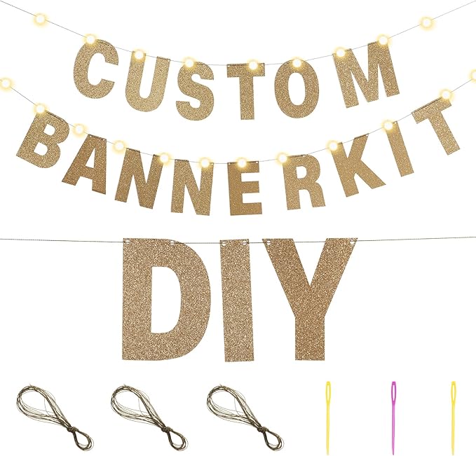 TaoBary 112 Pcs DIY Letter Kit Glitter Customizable Banner Letters Include 107 Letters and Numbers 3 Rope and 2 Needles for Birthday Halloween Christmas Wedding Valentine Party Decor(Champagne Gold)