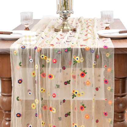 Joanlody 3pcs Champagne Embroidery Daisy Fall ThanksgivingTable Runner 10ft Florals Seasonal Tulle Table Runner Holiday Kitchen Dining Table Decoration for Home Party Indoor
