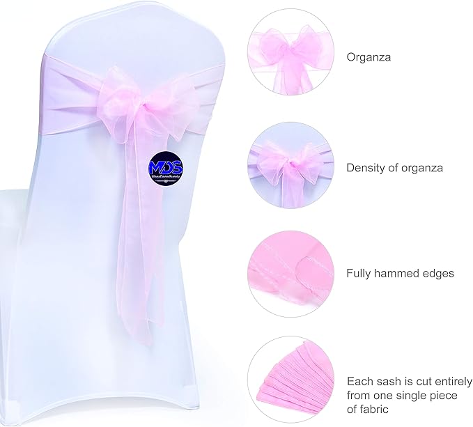 MDS Pack of 200 PCS Organza Chair Sashes Wider Dining Chair Bows Ribbon Tie Back for Wedding Party Birthday Bridal Shower Reception Event Banquet Home Chair Cover Decoration - Pink
