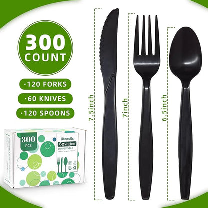 Black Compostable Silverware, 300 Count Compostable Utensils, Plastic 120 Forks 120 Spoons 60 Knives,Non Plastic Utensil, Eco Friendly Disposable Silverware for Party Office Wedding