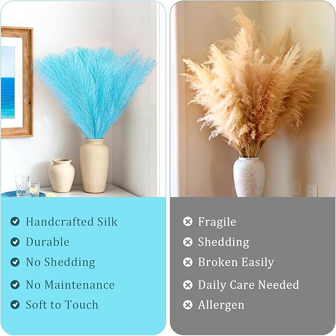 50pcs Faux Pampas Grass, 21.6" Short Artificial Pompous Grass Branches for Vase Filler Home Table Centerpieces Wedding Decor (Light Blue)