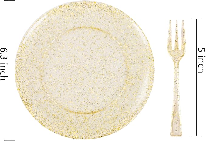 Festiva 200Pcs Gold Glitter Dessert Plates 6.3" with Forks 5"-Small Plastic Dessert/Cake/Appetizer Plates Disposable for 100 Guests Thanksgiving Party &Wedding& Birthday& Christmas