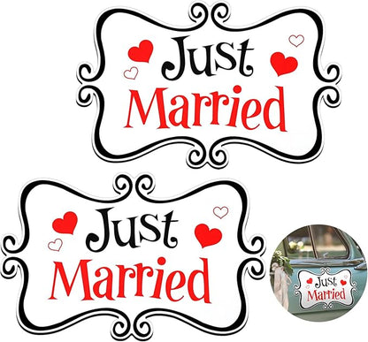 2 Pcs Large Just Married Car Decorations Just Married Car Magnets Sign Decoration 13.9 x 8.8 Inch Honeymoon Rear Tailgate Magnet Stickers for Wedding Door Panel Refrigerator(Black and Red)
