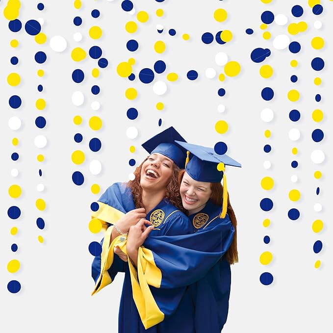 46Ft Navy Blue and Yellow Circle Dots Garland Royal Blue Yellow White Hanging Paper Polka Dot Streamer for Graduation Birthday Wedding Bridal Baby Shower Nautical Ahoy Achor Party Decorations Supplies