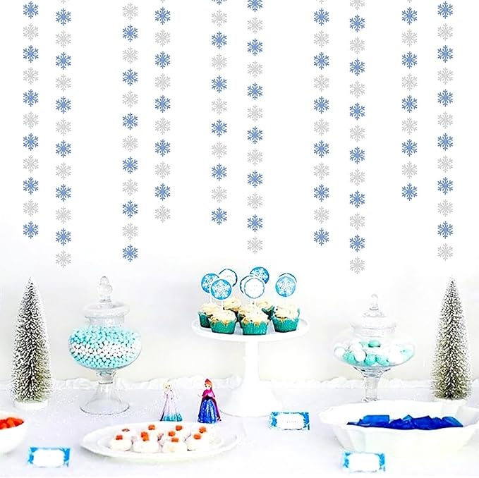 Snowflake-Snow Blue-Silver Christmas Party-Decoration Garland - 52ft Winter Wonderland Frozen Ornaments Hanging Paper Streamers,New Years Birthday Baby Shower Ceiling Decor Hugfond