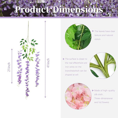 5 Pack Light Purple Wisteria Hanging Flowers, 3.44 Ft Fake Hanging Flowers, Artificial Wisteria Garland Vines for Wedding Room Backdrop Outdoor Patio Garden Decoration