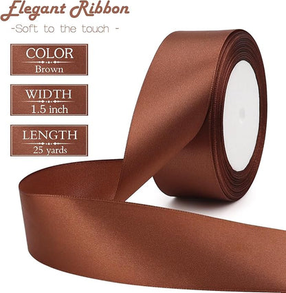 Brown Solid Satin Ribbon 1-1/2 Inch 25 Yards Solid Polyester Fabric Ribbon for Gift Wrapping Wedding Christmas Baby Shower Birthday Party Decoration Handmade Immortal Flower Craft