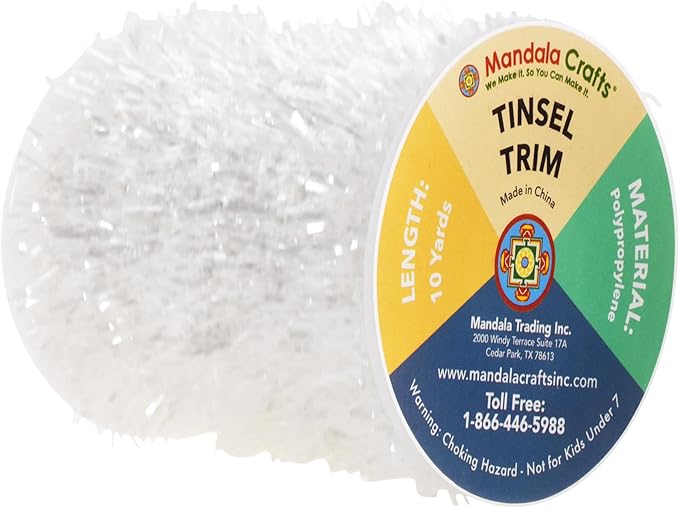 Mandala Crafts White Tinsel Garland - Thin Metallic Foil Glitter Mini Garland for Christmas Tree, Party, Wedding Decor, and Holiday Decorations