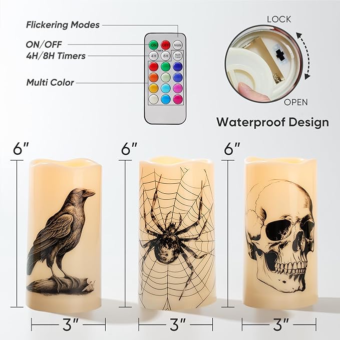 Homemory Halloween Candles, Color Changing Flameless Candle, Battery Opeated Candle, Outdoor Waterproof Plastic Candle with Remote and Timers, Skull, Crow, Spider, 13 Colors, Set of 3