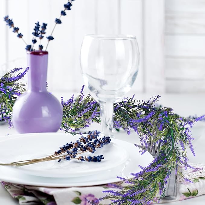 MAKHOT 6Ft Purple Lavender Artificial Garland Decor, Spring Summer All Year Lavender Deep Purple Garland, Green Wreath Vines Decorations for Table Home Wedding Mantle Arch Porch Party