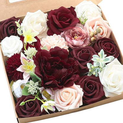 Floroom Burgundy Artificial Flowers Marsala Fake Roses Peonies Dahlia Greenery Combo Box Set for DIY Dark Red Wedding Bouquets Bridal Shower Centerpieces Floral Arrangements Party Tables Decoration