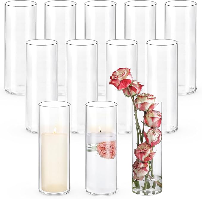 12pcs Glass Cylinder Vases for Centerpieces | 10 Inch Tall Flower Vase for Wedding Decorations, Floating Candle Holders for Dinner Table, Bridal Shower, Office Home Décor