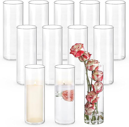 12pcs Glass Cylinder Vases for Centerpieces | 10 Inch Tall Flower Vase for Wedding Decorations, Floating Candle Holders for Dinner Table, Bridal Shower, Office Home Décor