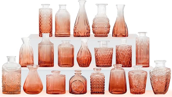 Amber Glass Bud Vase Set,20Pcs Small Glass Vase for Flowers, Clear Bud Set in Bulk,Mini Single Vintage Design for Centerpiece Rustic Wedding Decorations Home Table Flower Décor