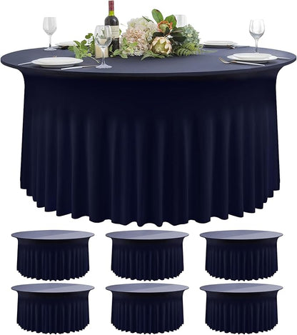 6 Pack Navy Blue Round Spandex Tablecloth 60 Inch, Wrinkle Free Stretch 120 Inch Fitted 5ft Navy Table Cloths Round Table Covers with Ruffle Skirt for Graduation Party Wedding Banquet