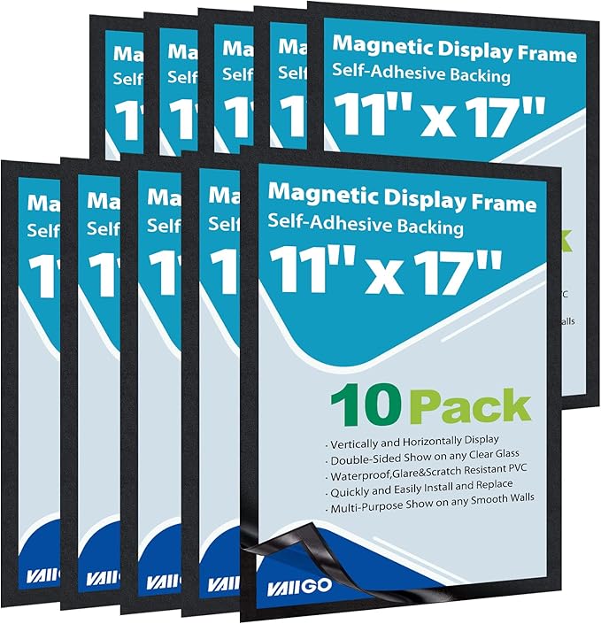 11"x 17" Self Adhesive Magnetic Sign Holder, Double Sided Window Magnetic Display Frame with Clear PVC and Strong Magnetic for Office/Home/Store/Door/Glass/Wall Display Frame(Black,10Pack)