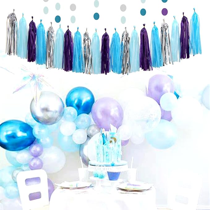 Purple-Blue Silver Frozen Christmas Party-Decorations - 30pcs Tissue Pom Poms Streamers,Winter Girl Birthday New Year Tassel Garland Banner,Wonderland Mermaid Baby Shower Wedding Supplies Decor Bunting Lasting Surprise