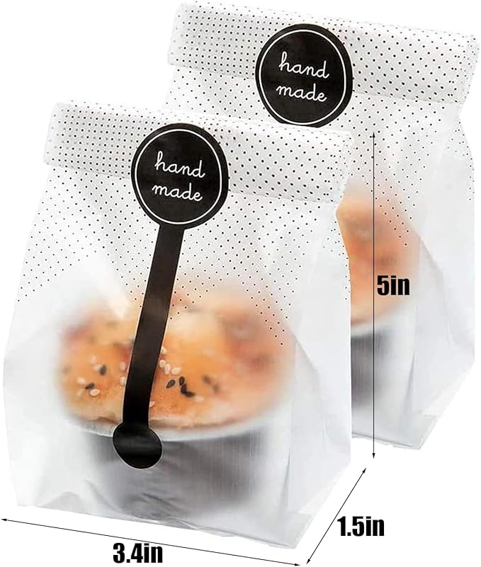 Palksky (400Pcs)200pcs Translucent Plastic Bags/Bakery Bags with 200pcs Handmade Stickers for Muffin Cookie Cake Chocolate Candy Snack Wrapping Bakery Packaging