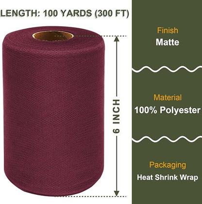 Burgundy Tulle Fabric Roll 6 Inch X 300 FT (100 Yards) Matte Tulle Ribbon Netting Mesh Spool for DIY Tutu Skirt Wedding Bow Gift Wrapping Baby Shower Christmas Party Halloween Decorations